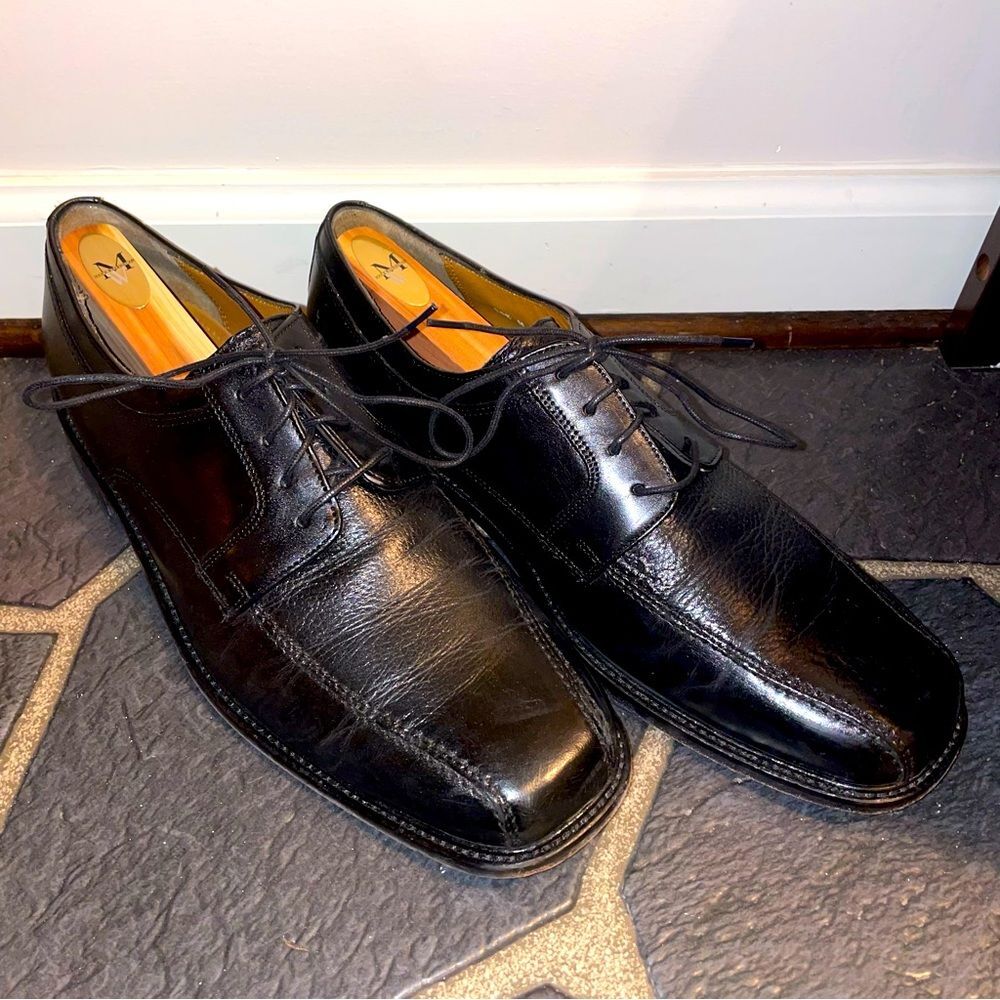 Black Leather Lace Up Flat Toe Mens Dress Shoes Size 10.5 - Picture 1 of 8